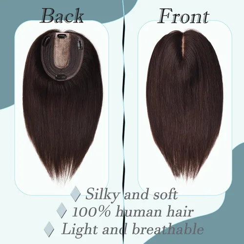 Miniatura 2 de Toppers de cabello humano real para mujeres con cabello delgado, 6 pulgadas, marrón oscuro