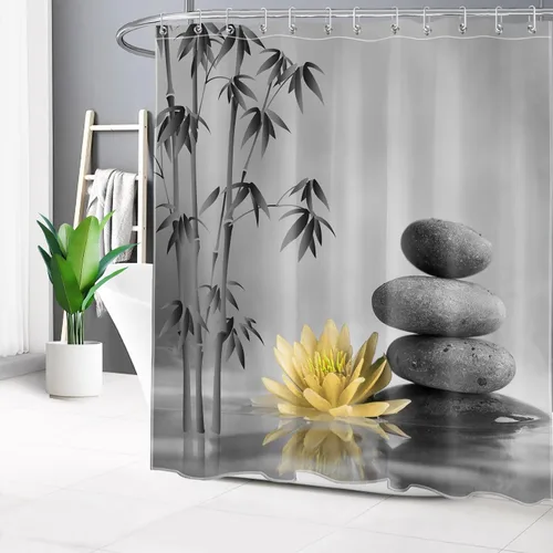 Miniatura 12 de LB Cortina de ducha de spa Zen azul y gris, piedra de bambú gris con flor de lirio de agua azul, cortina de ducha moderna para spa, decoración