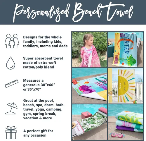 Miniatura 6 de Let's Make Memories Toalla de playa personalizada para niños - Toalla personalizada con monograma y nombre con divertidos diseños de playa - Algodón