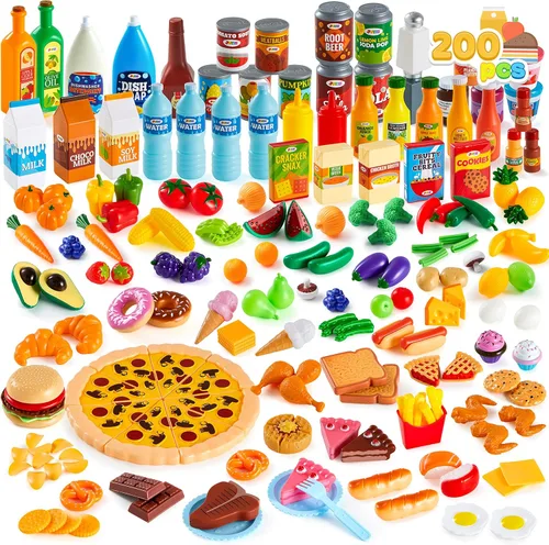 JOYIN 200 piezas de juguetes de comida para niños, juego de rol de lujo, accesorios de cocina para niños con colores realistas, regalo de cumpleaños