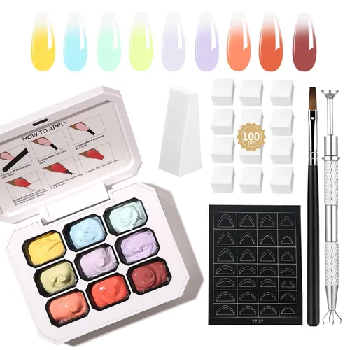 Miniatura 33 de Finger Secret - Juego de 9 colores de esmalte de uñas de gel Ombre Pat, paleta de esmaltes de gel con 20 esponjas de uñas para arte de uñas de gel