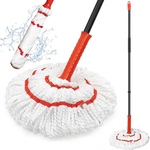 TidyBliss Trapeador giratorio para limpieza de suelos, 57.5 pulgadas de largo con mango de algodón con escurridor, mopa húmeda de microfibra lavable