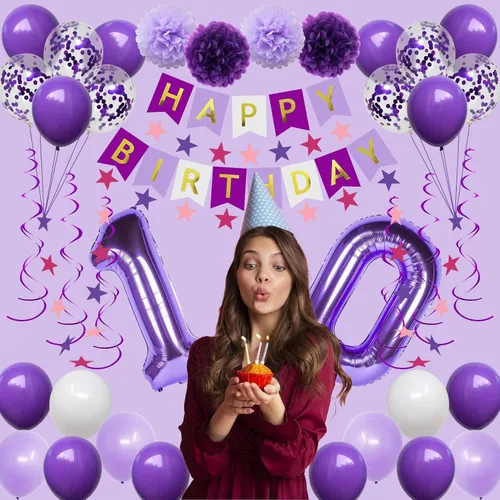 Miniatura 3 de Decoraciones de cumpleaños número 10 para niñas, globos morados de feliz cumpleaños, pancarta, globos de números, serpentinas de estrellas