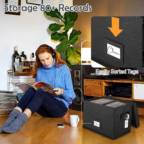 Miniatura 4 de Woodoulogy Caja de almacenamiento de discos de vinilo para LPs de 7 pulgadas/45 RPM, caja negra con tapa con capacidad para hasta 80 álbumes