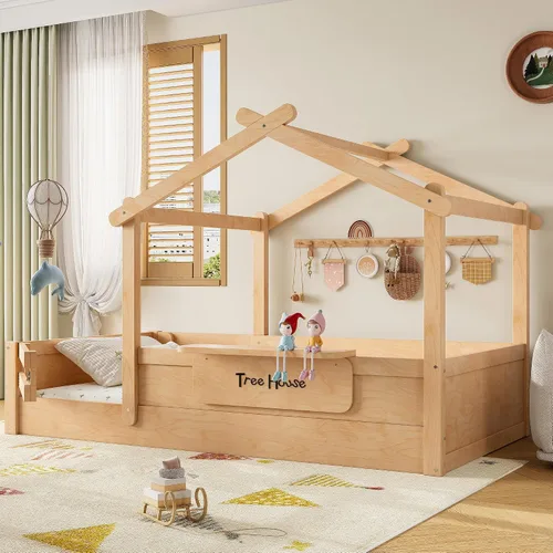Miniatura 13 de Bellemave Montessori - Cama de suelo tamaño individual, marco de cama individual con cabecero, estribo, cama Montessori de madera con listones