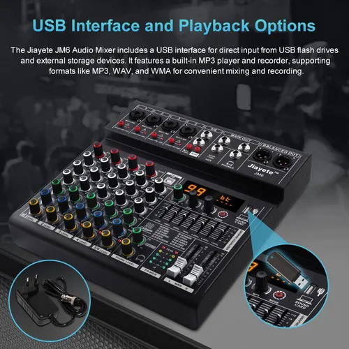 Miniatura 3 de Mezclador DJ de 6 canales, mezclador de audio profesional, metal, efectos preestablecidos DSP 99, tablero de sonido Bluetooth, alimentación fantasma