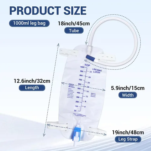 Miniatura 3 de Paquete de 5 bolsas de 33.8 fl oz para piernas de drenaje urinario con correas ajustables para el hombro y tubo flexible de 17.7 pulgadas con diseño