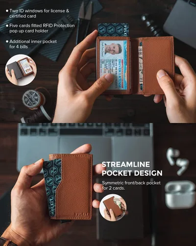 Miniatura 3 de VULKIT Tarjetero con ventana de identificación tarjetas emergentes cartera delgada de cuero con protección RFID hasta 12 tarjetas Marrón Minimalista
