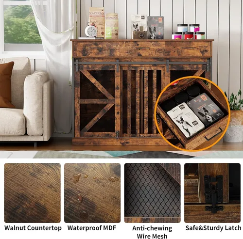 Miniatura 4 de kepptory Caja grande para perros de 48 pulgadas con 3 cajones de almacenamiento, perrera de madera con divisor removible, mesa auxiliar de perrera