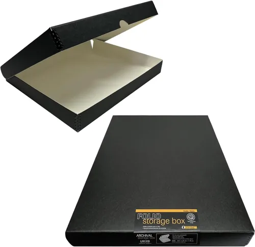Miniatura 22 de Lineco 16x20 Caja de almacenamiento tipo folio negra con tapa, 1.75" de profundidad. Sin ácidos con borde de metal. Preserva la longevidad