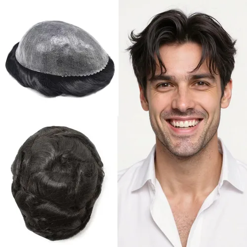 Miniatura 12 de Toupee - Sistema de reemplazo de cabello humano real de 0.004 in para hombres, con inyección, poliuretano duradero, piel fina, línea capilar