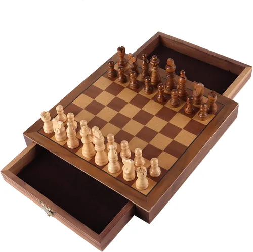 GSE Games & Sports Expert Juego de ajedrez magnético de 10 pulgadas, juego de mesa de ajedrez de madera con cajones, juego de mesa de viaje portátil