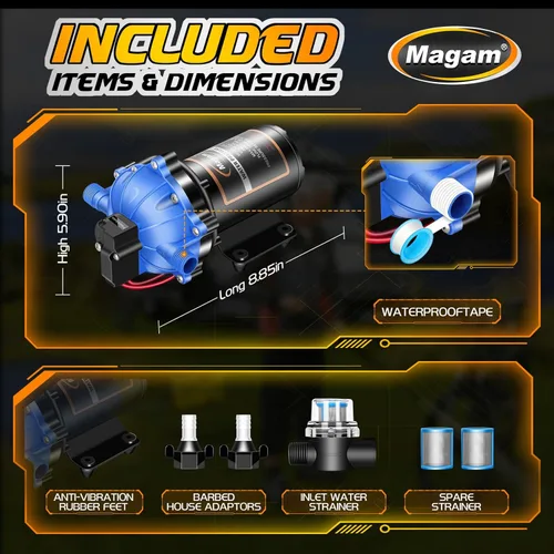 Miniatura 4 de Bomba de agua mejorada de 12 voltios, 7 GPM 70 PSI, diafragma autocebante de cinco cámaras de 12 V CC RV bomba fresca con interruptor de presión