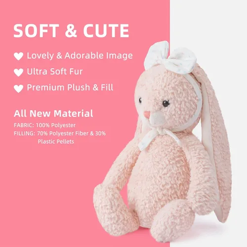 Miniatura 6 de Conejito de peluche de conejo suave, juguete de peluche de 10 pulgadas de largo, conejito de peluche con orejas y diadema de lazo blanco, juguetes