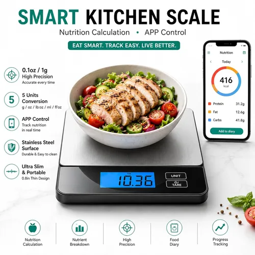 Miniatura 2 de URAMAZ Básculas inteligentes para alimentos de cocina, báscula digital de alimentos de acero inoxidable en gramos y onzas con aplicación de Multi