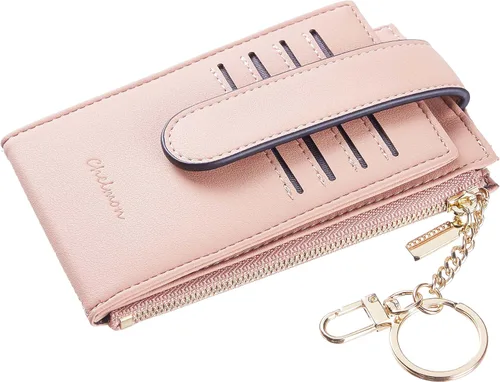 Miniatura 5 de Chelmon Billetera delgada para mujer, con bloqueo RFID, plegable, con bolsillo con cremallera, Rosa con llavero, Minimalista