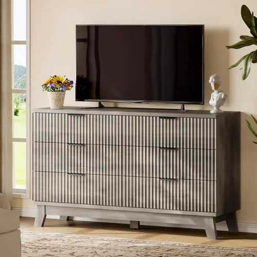 Miniatura 7 de Xixini Cómoda acanalada con 6 cajones, cómoda moderna de 54 pulgadas de ancho con mango de metal, soporte de TV de madera, organizador