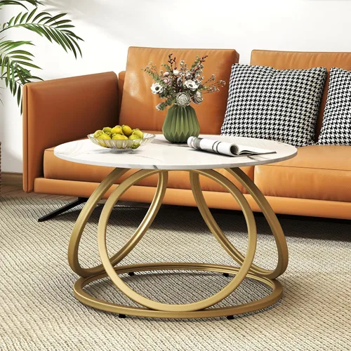 Miniatura 6 de O&K FURNITURE Mesa auxiliar redonda dorada, parte superior de mármol sintético con venas, mesa central moderna con marco de metal dorado, para sala
