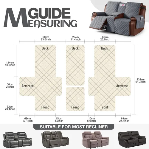 Miniatura 7 de KinCam Funda 100% impermeable para sofá biplaza reclinable con consola, fundas antideslizantes para sofá reclinable de 2 asientos, funda protectora