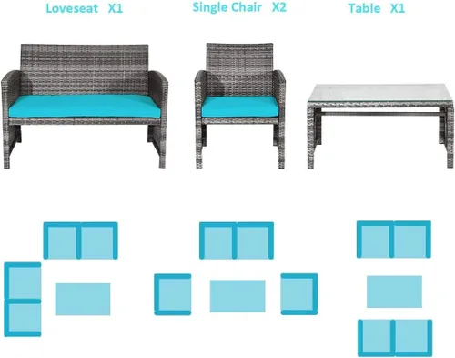 Miniatura 5 de HAPPYGRILL Juego de 4 piezas para conversación de patio con cojines suaves, juego de muebles de ratán con mesa de centro de mimbre de polietileno