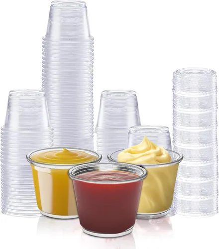 Vasos Desechables para Porciones con Tapas - Juego de 200 Vasos Desechables de Plástico Transparente, Ideal para Shots de Gelatina, Condimentos y