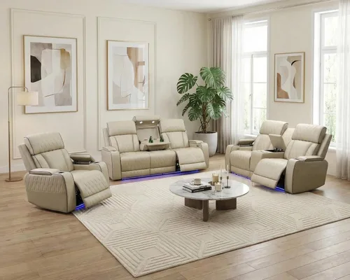 Miniatura 14 de Juego de 3 piezas para sala de estar, sofá reclinable eléctrico de cuero con puertos USB, iluminación LED y portavasos, asientos de cine en casa