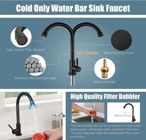 Miniatura 3 de Aolemi Agua fría solo grifo de cocina grifo negro 304 fregadero de acero inoxidable grifo de arco alto