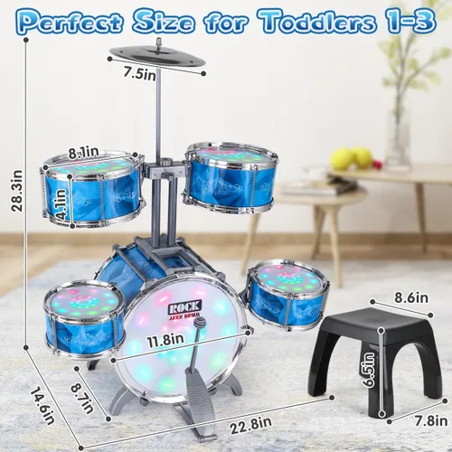 Miniatura 2 de Juego de batería para niños pequeños con kit de batería de 5 jazz y luces (controlado por vibración) y aleación, instrumentos musicales, juguetes