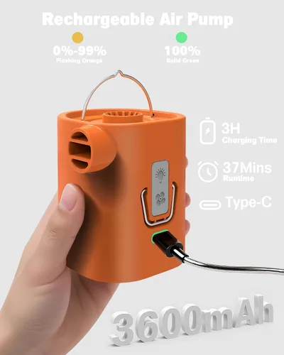 Miniatura 2 de Bomba de aire para inflables con batería recargable de 3600 mAh y luz de campamento, ultra rápida 400L/min y mini bomba de aire eléctrica, 6