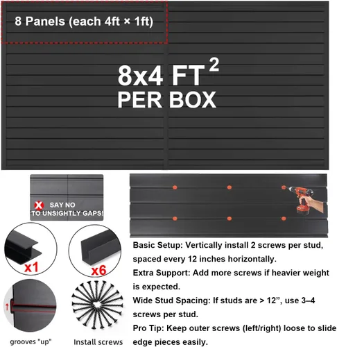 Miniatura 3 de Paneles de Pared con Listones Organizador de Pared de Garaje, Paneles de Pared con Listones Negros 4'x8' Organizador de Herramientas de Garaje