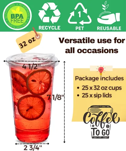 Miniatura 4 de Copas de plástico transparente de 32 oz con tapas sin paja, 25 juegos de vasos desechables de plástico para café helado, vasos para llevar con tapas