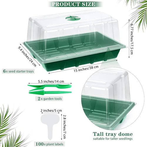 Miniatura 2 de Hahood Paquete de 6 bandejas de inicio de semillas con cúpula de humedad, bandejas de cultivo de germinación de plástico con etiquetas de plantas