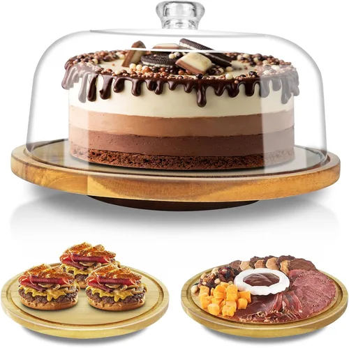 Miniatura 8 de Cutesun Soporte para pastel de bambú y madera con tapa - Soporte rectangular para pastel, juego de exhibición de 2 en 1 para mesa de postre y tabla