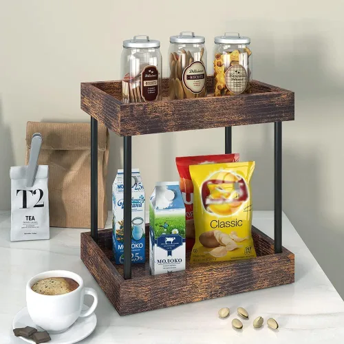 Miniatura 5 de MAHUEEOL Organizador de Baño de 2 Niveles para Encimera, Bandejas de Baño de Madera para Encimera, Organizador de Tocador de Cosméticos