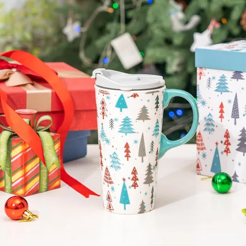 Taza de café de cerámica de árbol de invierno de 17 onzas con tapa y caja de regalo, divertida taza de té de porcelana multicolor con leche, apta