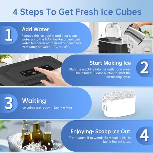 Miniatura 6 de WIE - Máquina de hacer hielo de sobremesa, 26 libras/24H portátil con asa, 9 cubos de hielo en 6 minutos, máquina de hielo compacta autolimpiante