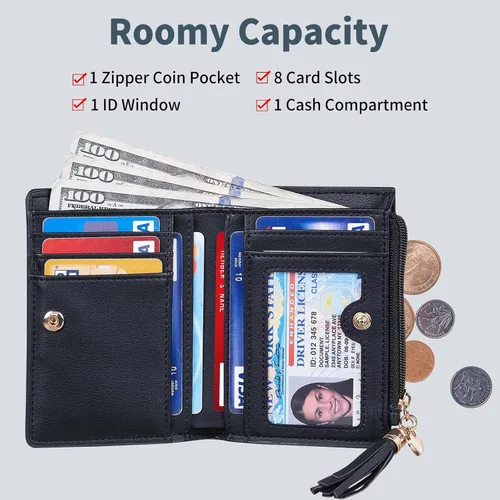 Miniatura 3 de Gostwo Billeteras pequeñas para mujer, elegante cartera para mujer con ventana de identificación, bolsillo con cremallera para monedas y borla.