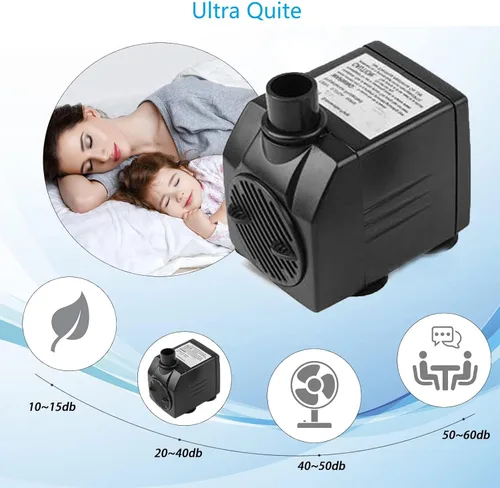 Miniatura 4 de BARST Bomba de fuente de 200 GPH, pequeña bomba sumergible (800 L/H, 12 W), ultra silenciosa con cable de alimentación de 6 pies y 3 boquillas
