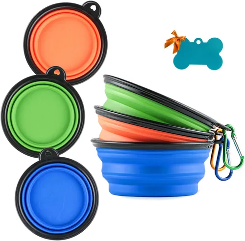 3 cuencos plegables de silicona para perros, plato plegable expandible para mascotas pequeñas, comida y agua, tazón portátil de viaje, etiqueta de