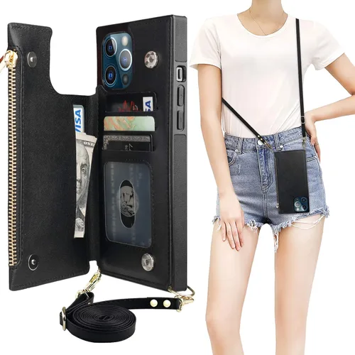 Bocasal Funda tipo cartera cruzada para iPhone 12 Pro Max con tarjetero, protector de ranura para tarjetas con cremallera, a prueba de golpes, con