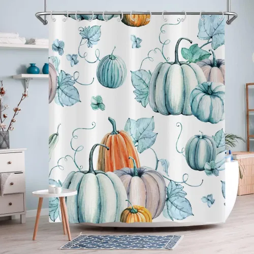 Cortina de ducha de calabaza otoñal, cosecha de otoño, cortina de baño de calabaza azul amarilla de Acción de Gracias, decoración de bañera para el