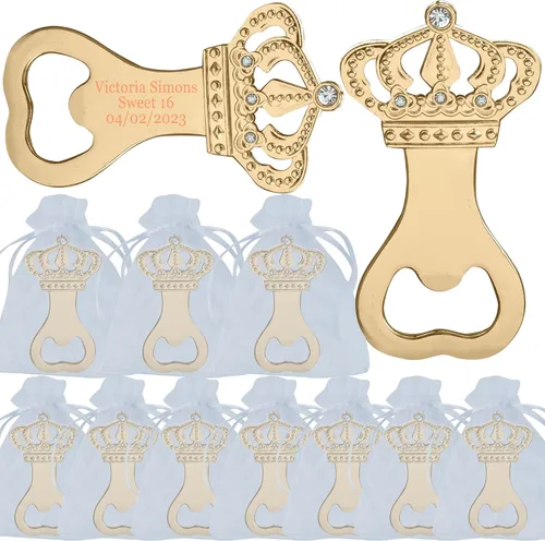12 piezas de corona personalizada abrebotellas para fiesta de baby shower, dulce 16 boda, quinceañera, princesa, 18 cumpleaños (dorado)