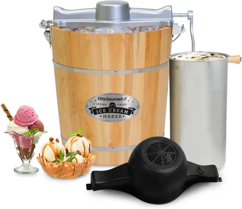 Miniatura 9 de Elite Gourmet EIM418 Máquina para hacer helados eléctrica con cubeta de nogal vintage de 4 cuartos estilo antiguo, utiliza hielo y sal de roca