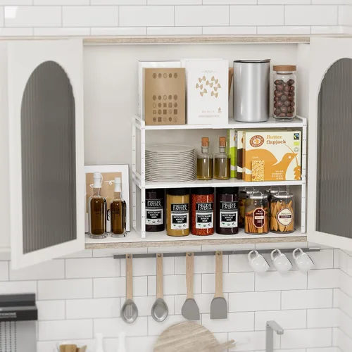 Miniatura 2 de SANNO Organizador de estantes de cocina expandibles, altura ajustable, gran apilable, armario de cocina, organizador de despensa y mostrador, Negro