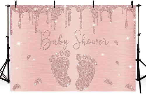 Miniatura 3 de Telón de fondo para baby shower de niña de oro rosa de 7 x 5 pies, con purpurina y pequeña huella, decoración de fiesta de princesa rosa, pancarta