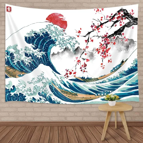 Miniatura 9 de MERCHR Tapiz de pared de flor de cerezo con sol rosa y rojo, olas del océano y escena de montaña, diseño de anime asiático para dormitorio, 60 x 40