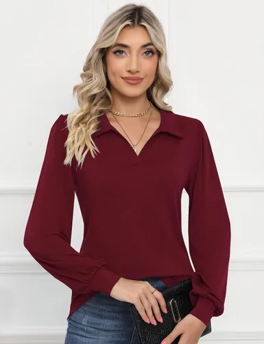 Miniatura 4 de LOMON Camisas tipo polo de manga larga con cuello en V y manga abombada para mujer