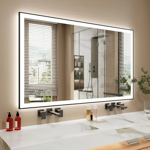 Espejo de baño LED de 60x36 pulgadas con marco negro, espejos de baño retroiluminados y con luz frontal para pared, antiempañamiento, regulable, con