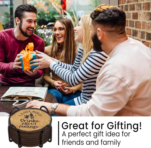 Miniatura 7 de Divertidos posavasos para bebidas, juego de 8 con soporte, base de corcho absorbente para protección de mesa, hechos de madera de ingeniería, ideal