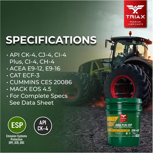 Miniatura 5 de TRIAX Agra Plus ESP 15W-40 CK-4 Syn-Blend - Aceite de motor diésel para equipos agrícolas y todoterreno, con licencia API Fo